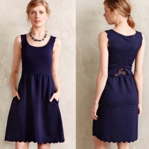 Maeve Dresses & Skirts - Anthropologie Maeve Fit & Flare Dress Scalloped Navy Blue Quilted Dress Size S
